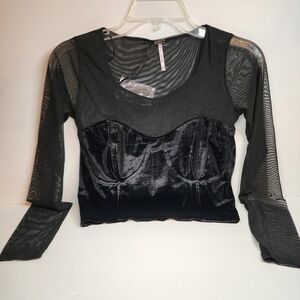 Poof. Elegant Black Velvet and Mesh Crop Top Rocker Style Medium.